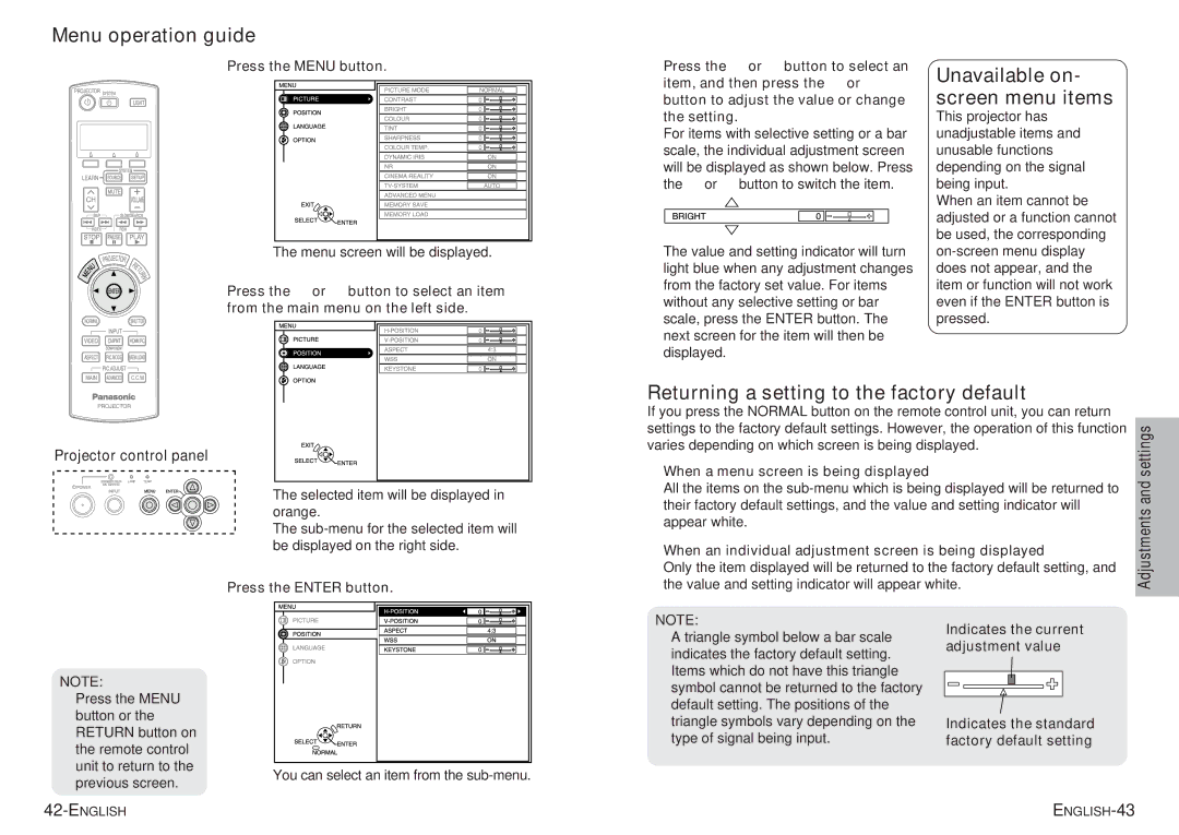 Panasonic pt-ae900e manual Menu operation guide, Returning a setting to the factory default 