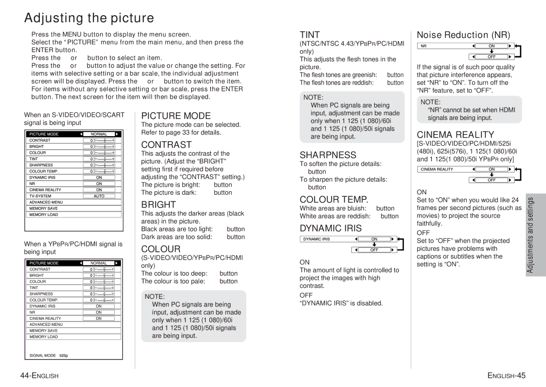 Panasonic pt-ae900e manual Adjusting the picture 