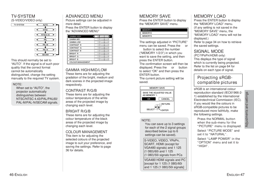 Panasonic pt-ae900e manual Tv-System, Advanced Menu, Memory Save, Memory Load, Signal Mode 