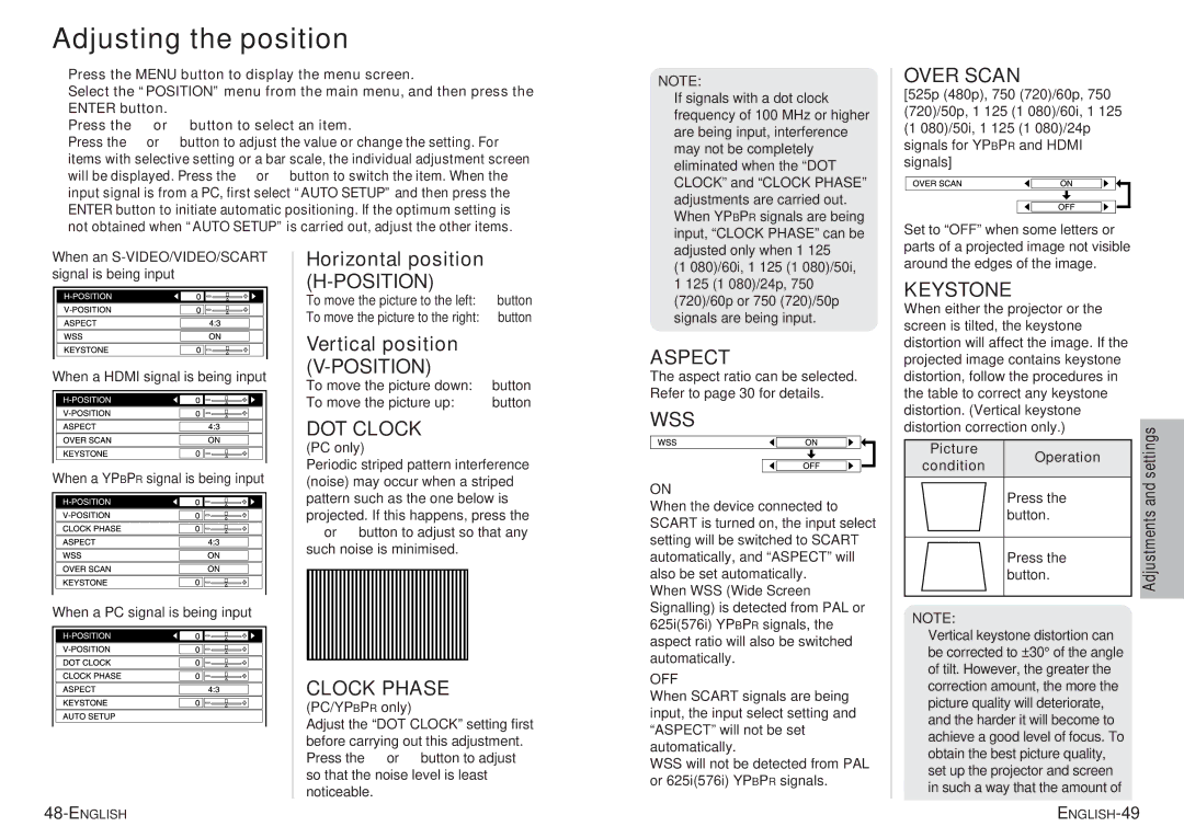 Panasonic pt-ae900e manual Adjusting the position 