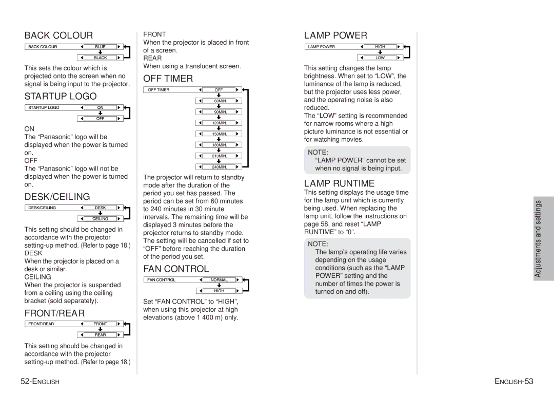 Panasonic pt-ae900e Back Colour, Startup Logo, Desk/Ceiling, Front/Rear, OFF Timer, FAN Control, Lamp Power, Lamp Runtime 