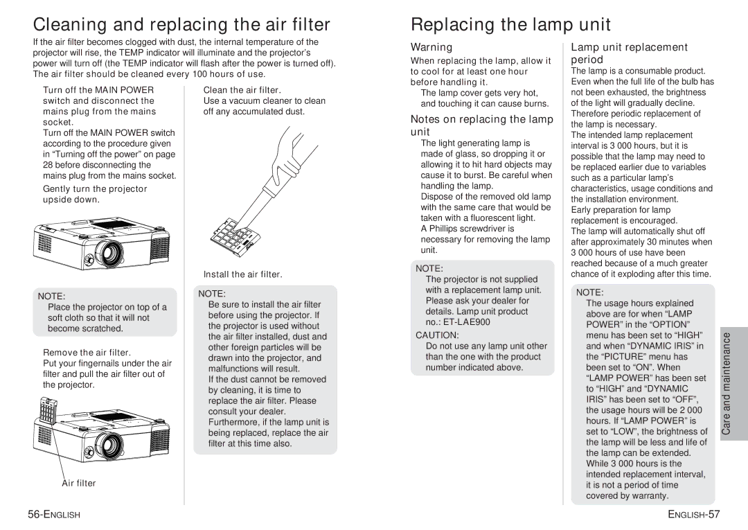 Panasonic pt-ae900e manual Lamp unit replacement period 