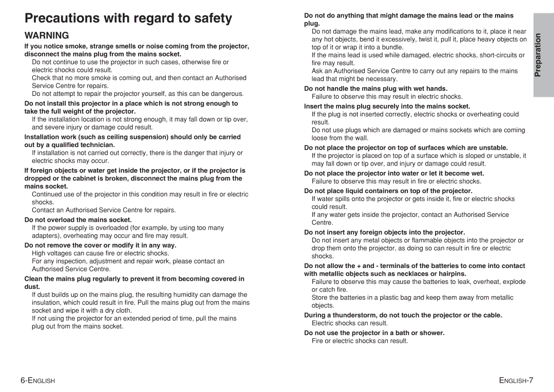 Panasonic pt-ae900e manual Precautions with regard to safety 