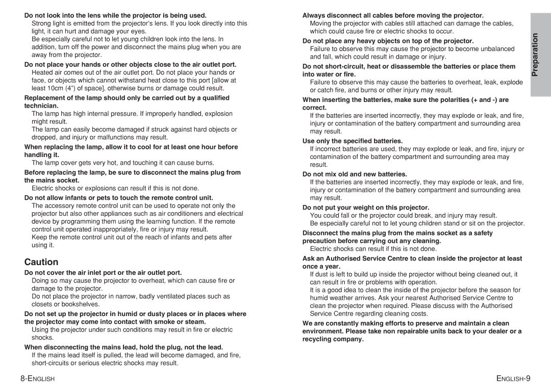 Panasonic pt-ae900e manual Do not look into the lens while the projector is being used, Use only the specified batteries 