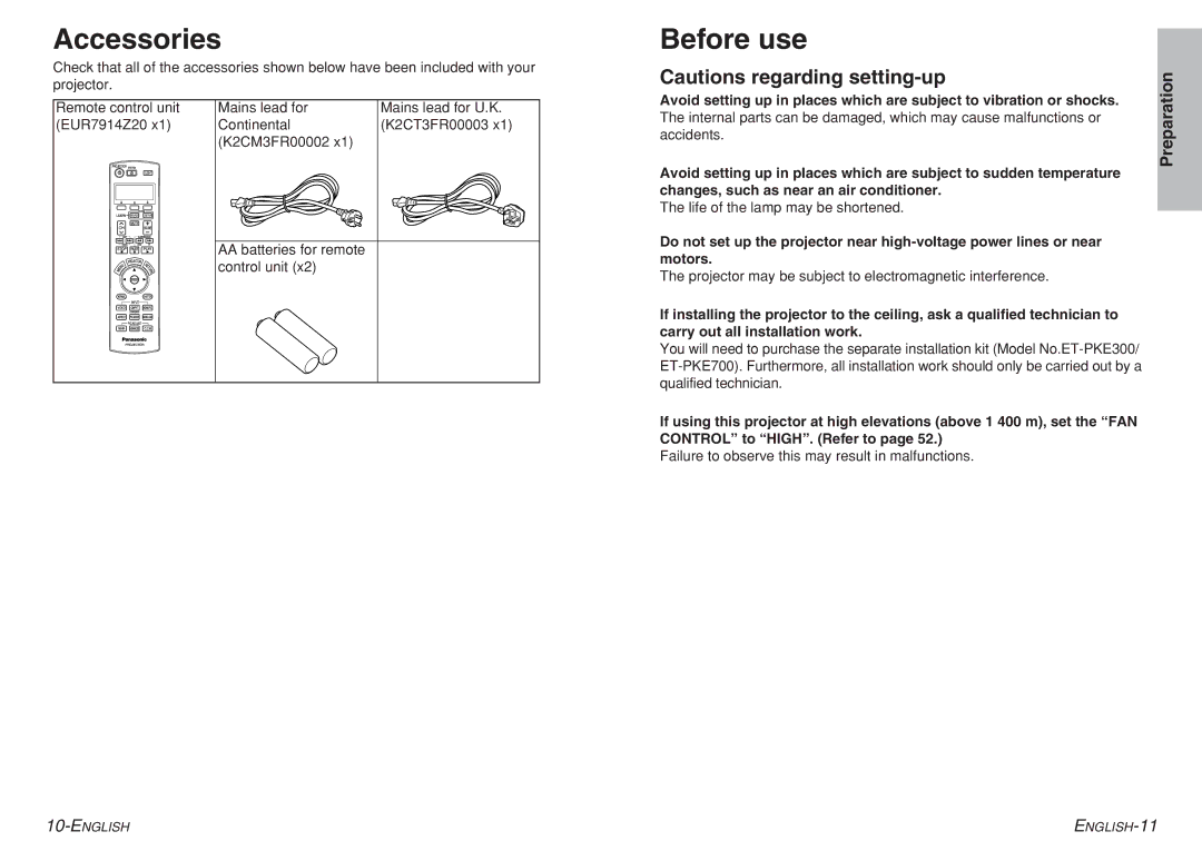 Panasonic pt-ae900e manual Accessories, Before use 