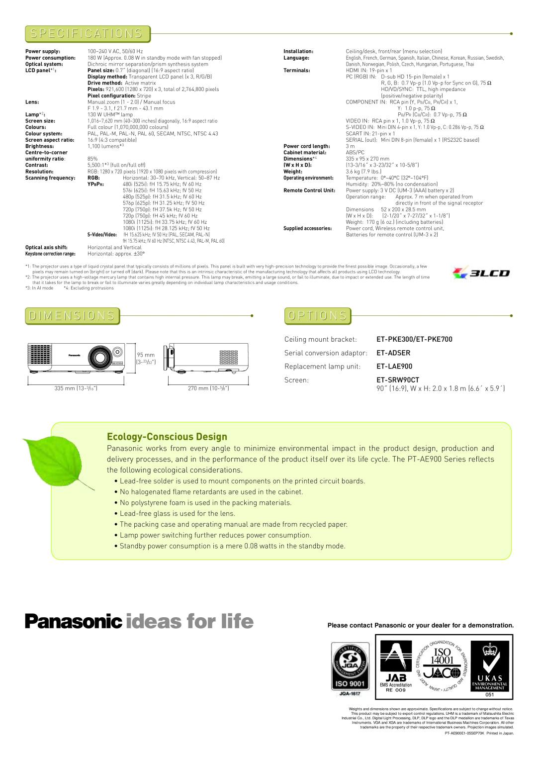 Panasonic pt-ae900e manual Specifications, Dimensions, Options, Ecology-ConsciousDesign 