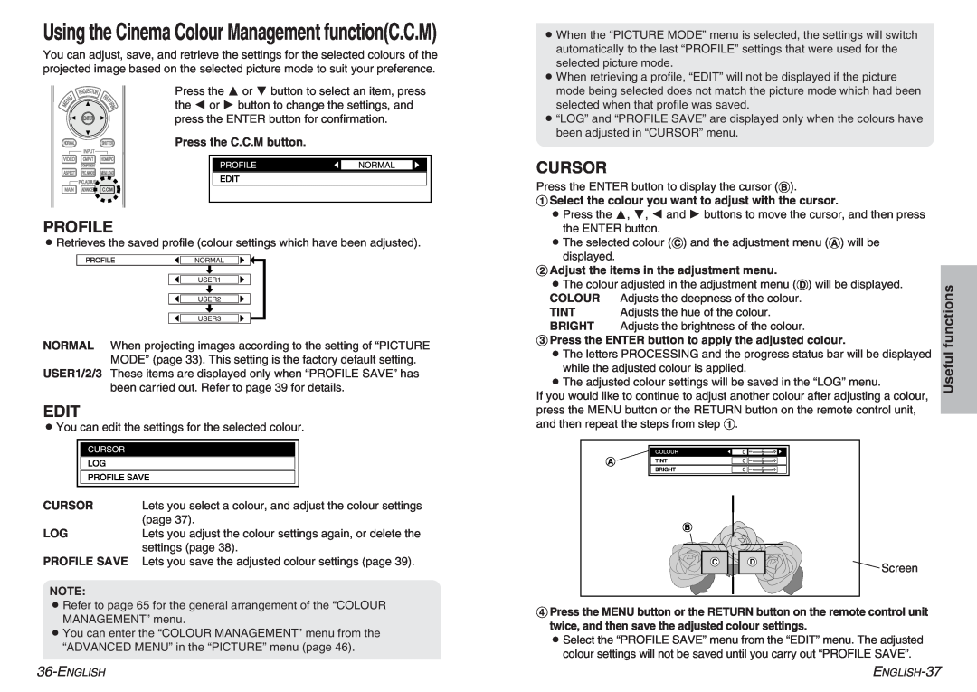 Panasonic pt-ae900e manual Profile, Edit, Cursor, Using the Cinema Colour Management functionC.C.M 