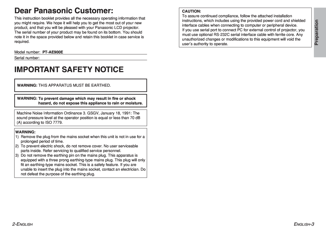 Panasonic pt-ae900e manual Dear Panasonic Customer, Important Safety Notice, Preparation 