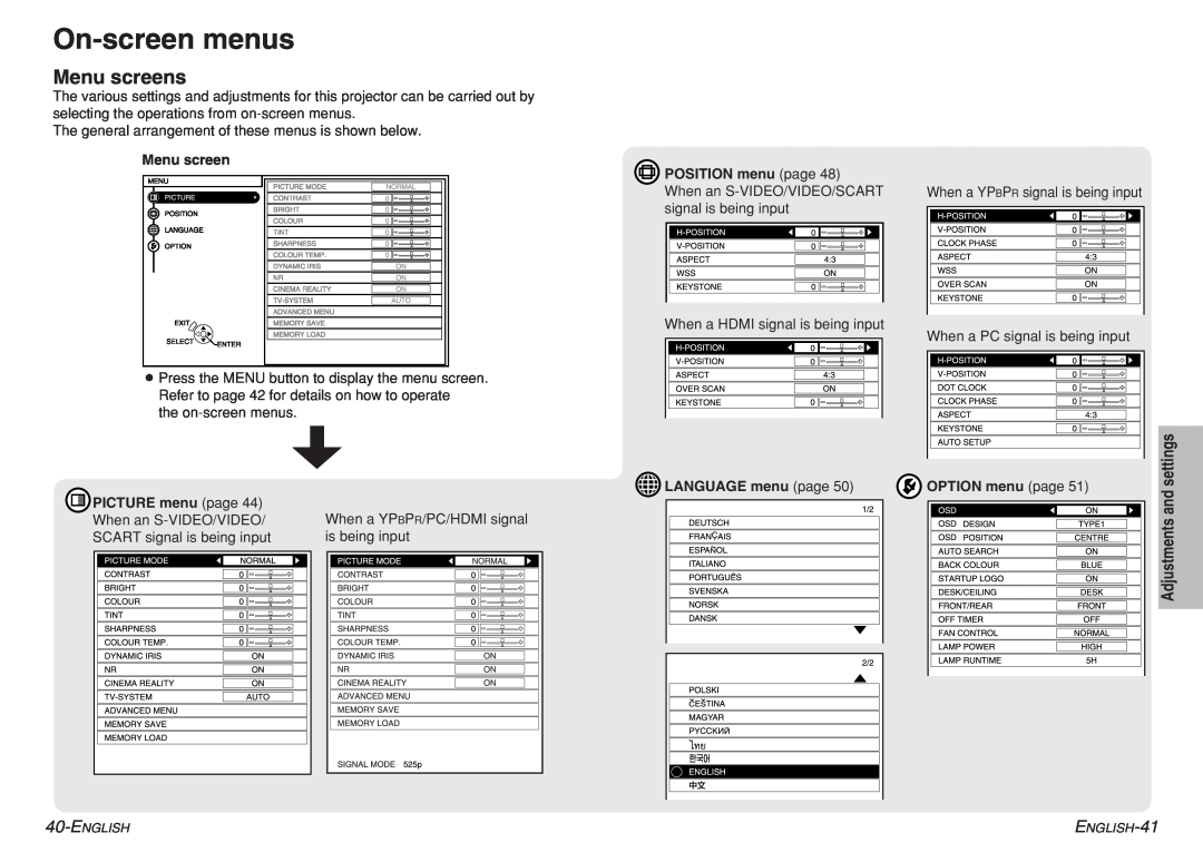 Panasonic pt-ae900e manual On-screenmenus, Menu screens, Adjustments and settings 