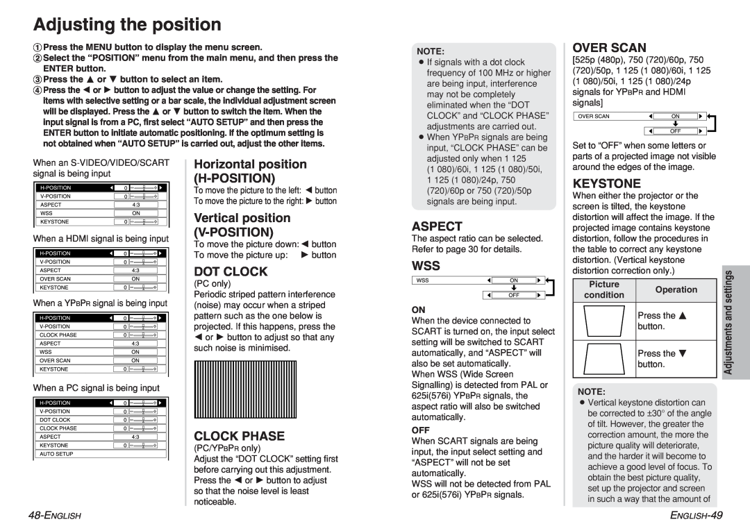 Panasonic pt-ae900e manual Adjusting the position, Over Scan, Horizontal position H-POSITION, Vertical position V-POSITION 