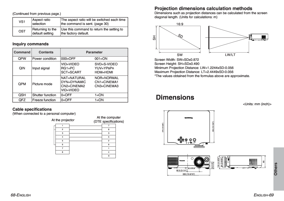 Panasonic pt-ae900e Dimensions, Projection dimensions calculation methods, Inquiry commands, Cable specifications, Others 