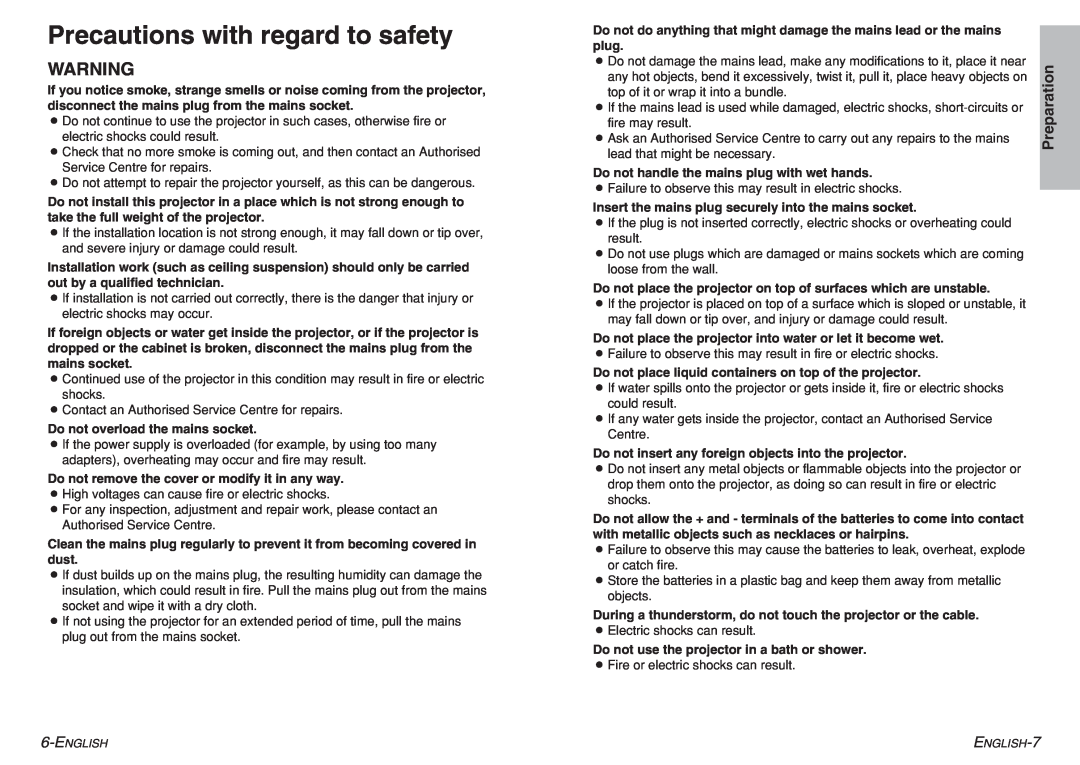Panasonic pt-ae900e manual Precautions with regard to safety, Preparation 