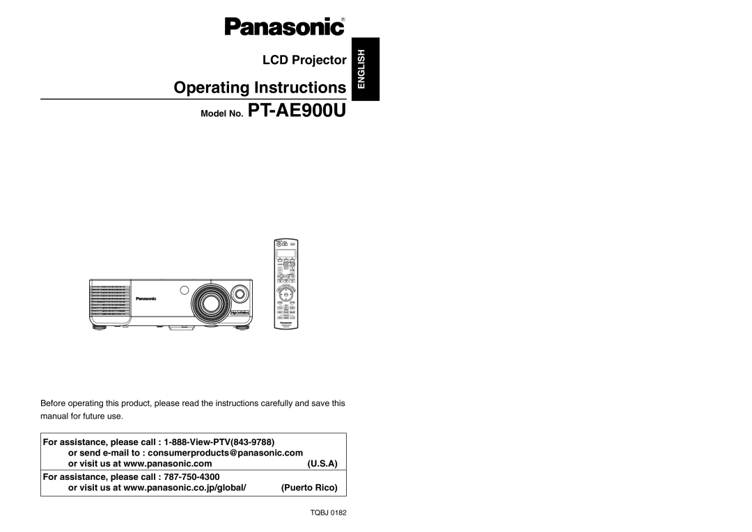 Panasonic manual LCD Projector, Model No. PT-AE900U 