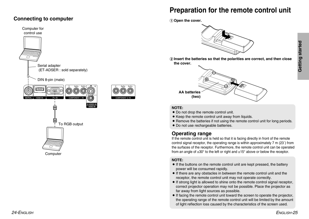 Panasonic PT-AE900U manual Connecting to computer, Operating range 