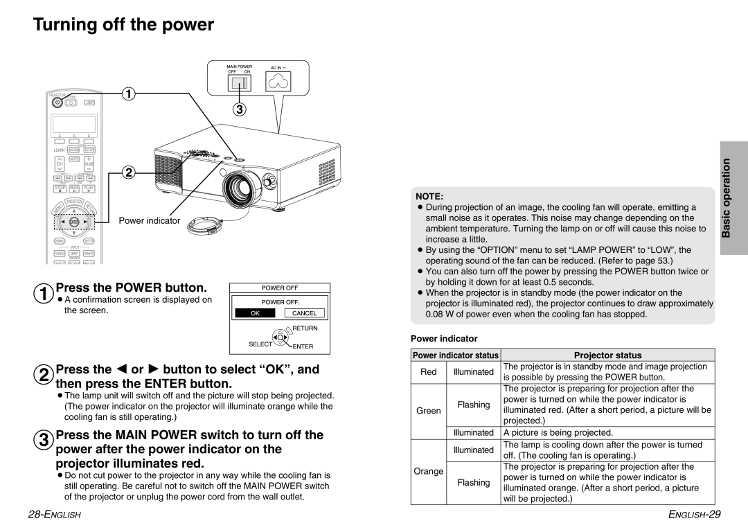 Panasonic PT-AE900U manual Turning off the power, #Press the Power button, Power indicator, Projector status 