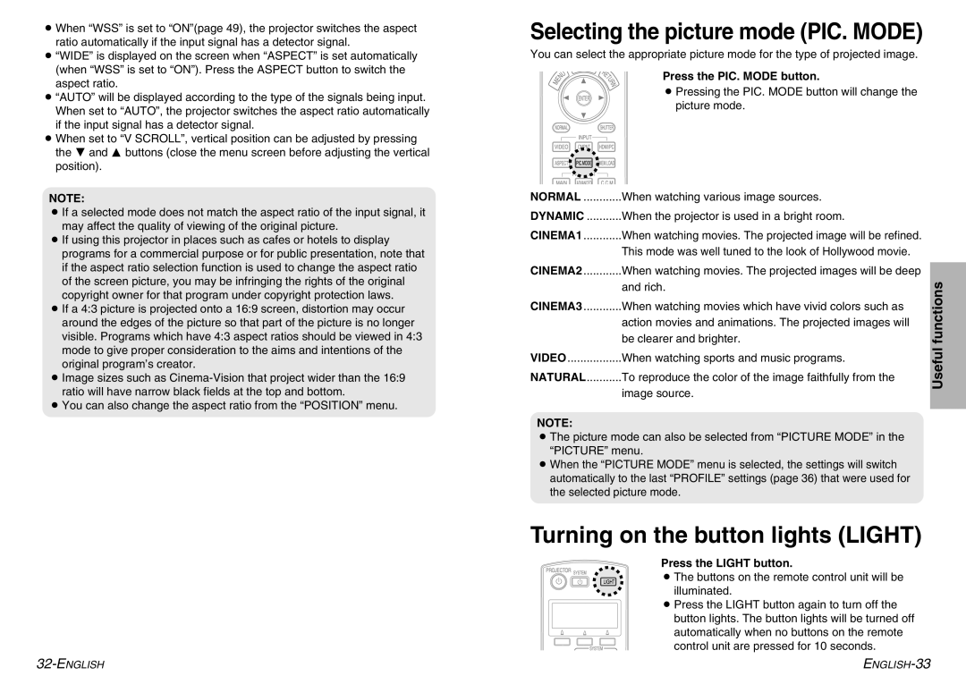 Panasonic PT-AE900U manual Press the PIC. Mode button, Functions, Press the Light button 