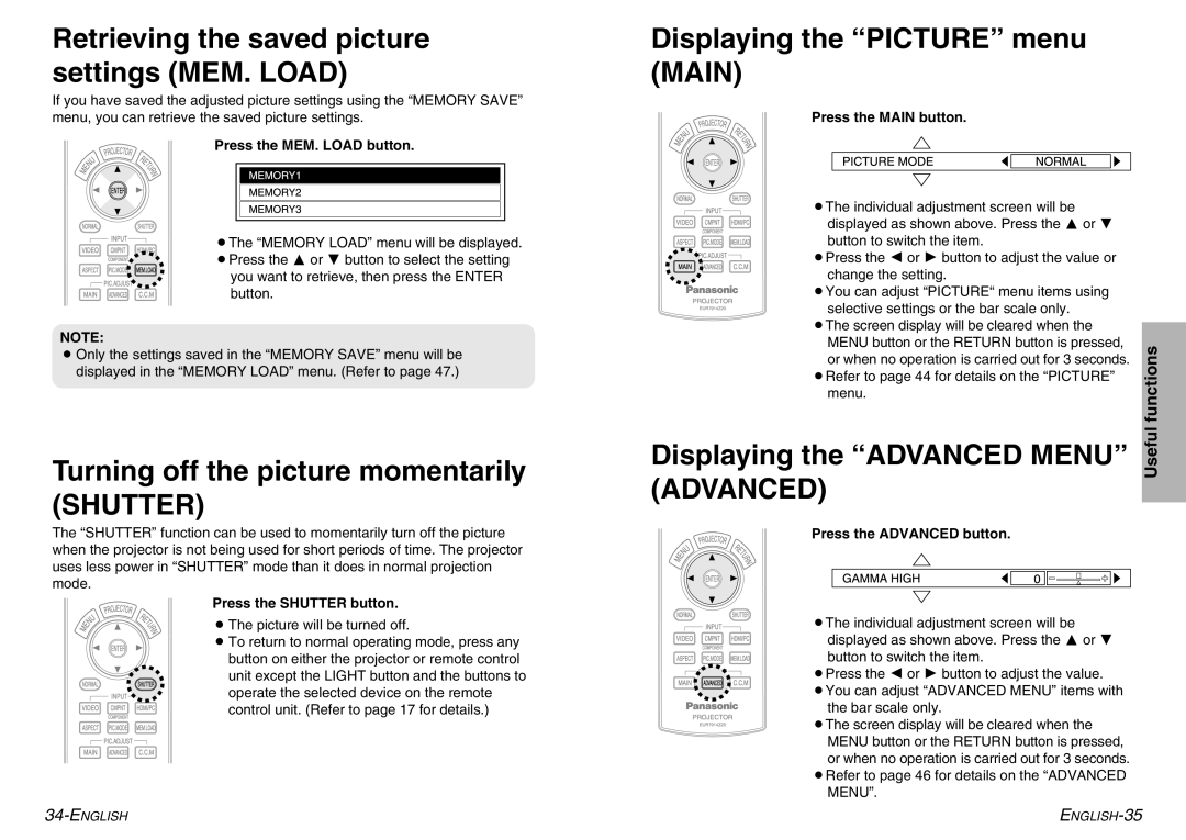 Panasonic PT-AE900U manual Turning off the picture momentarily Shutter, Displaying the Picture menu Main, Useful 