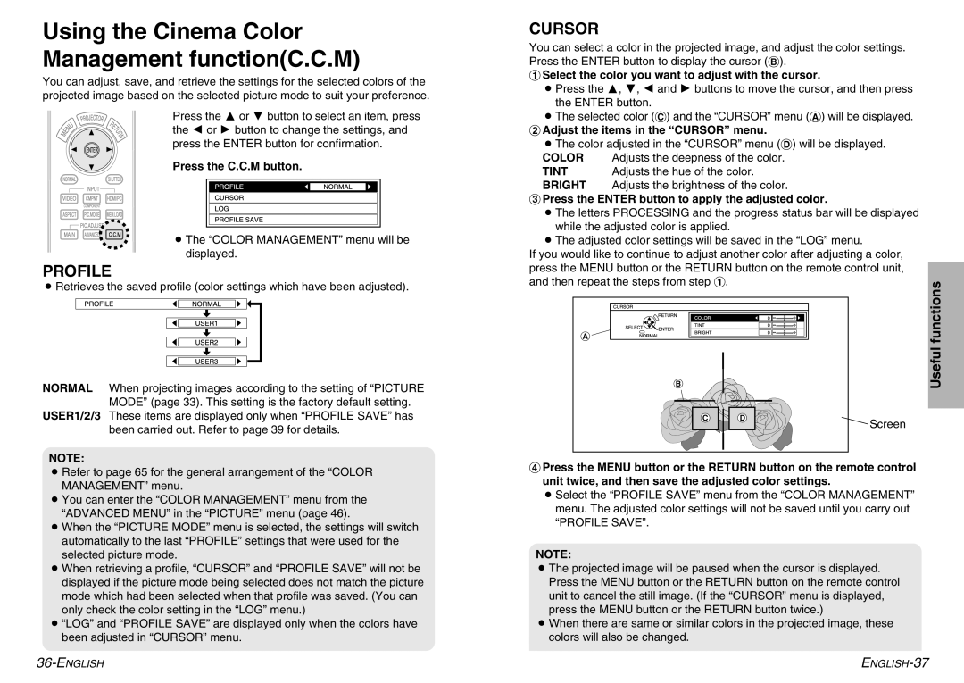 Panasonic PT-AE900U manual Profile, Cursor, Color, Tint, Bright 