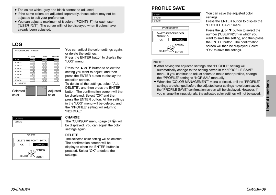 Panasonic PT-AE900U manual LOG Profile Save, Change, Delete 