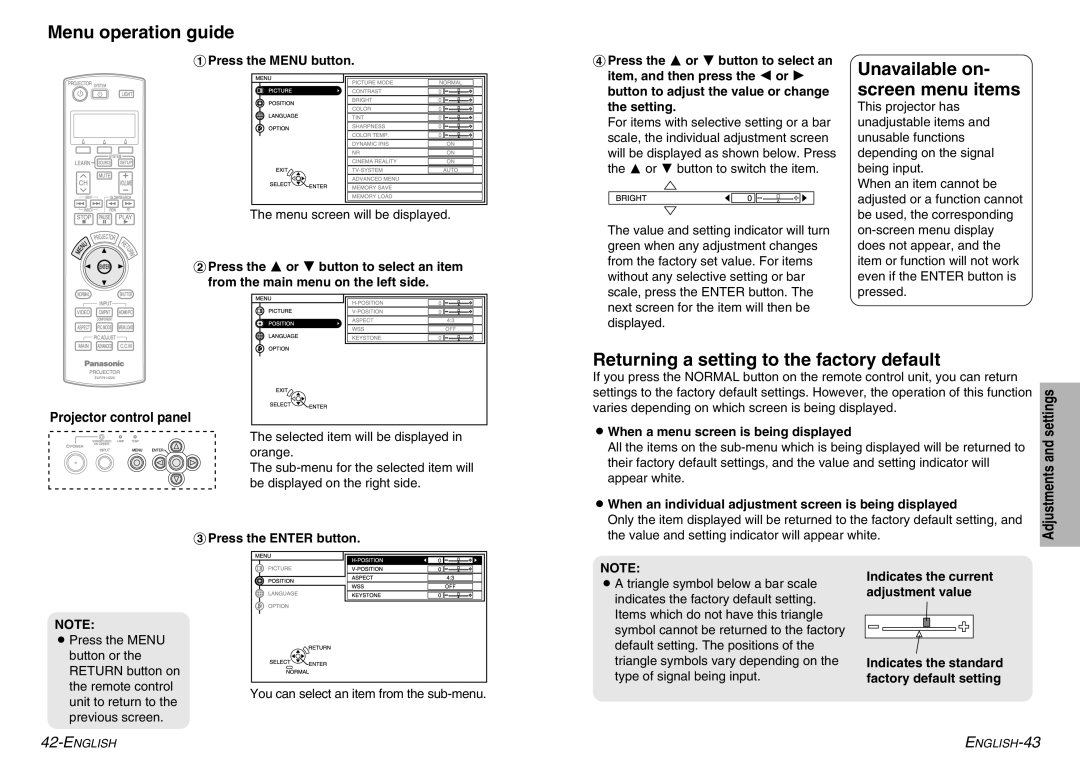 Panasonic PT-AE900U manual Menu operation guide, Returning a setting to the factory default 