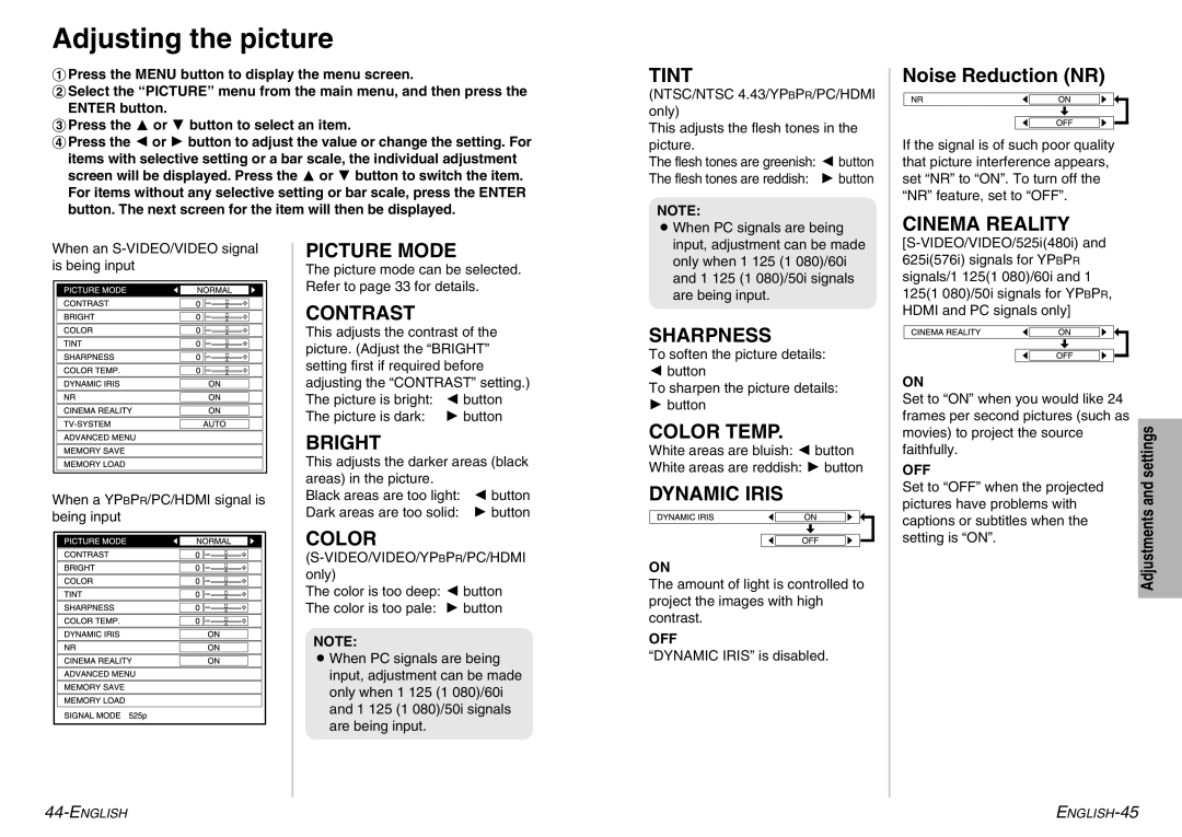 Panasonic PT-AE900U manual Adjusting the picture 