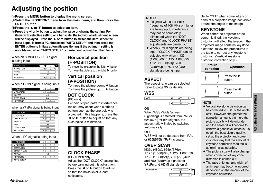 Panasonic PT-AE900U manual Adjusting the position 