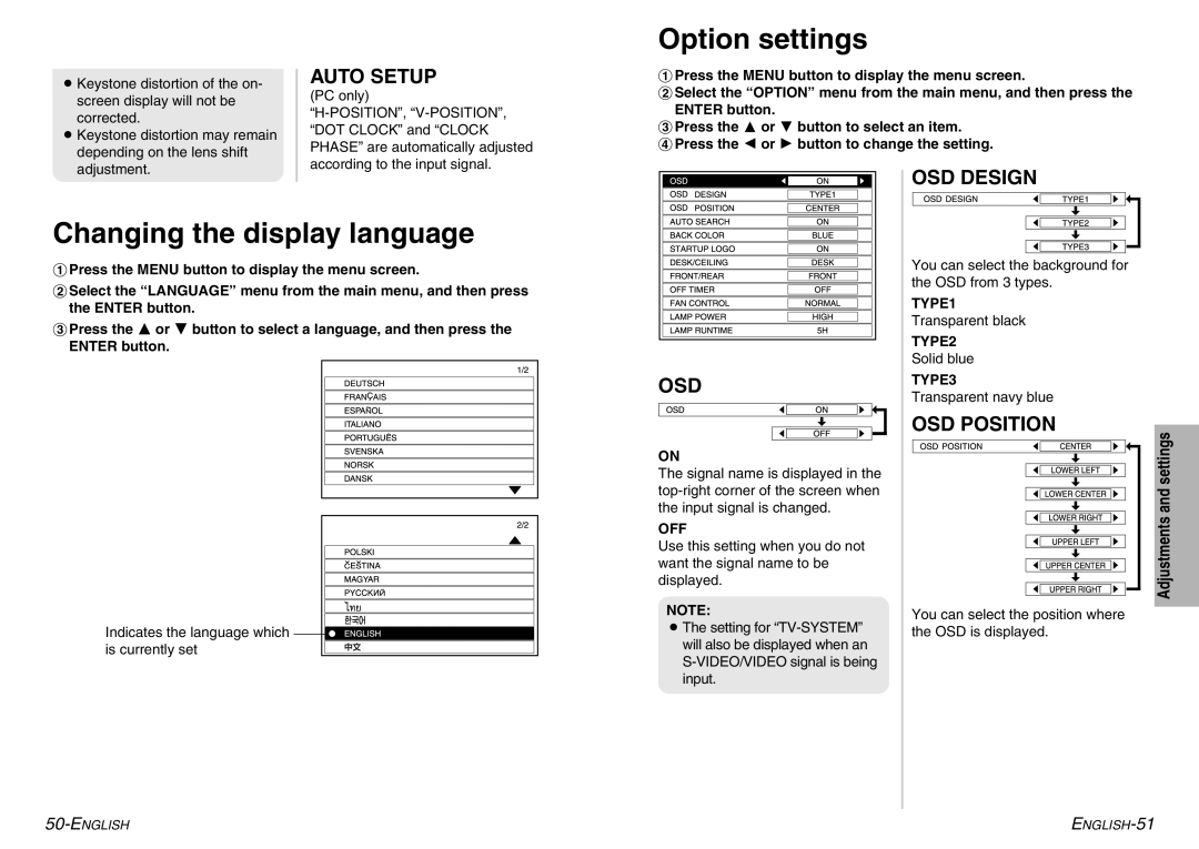 Panasonic PT-AE900U manual Option settings, Changing the display language 