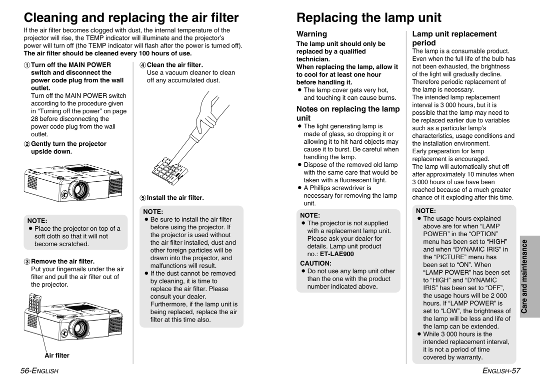 Panasonic PT-AE900U manual Lamp unit replacement period 