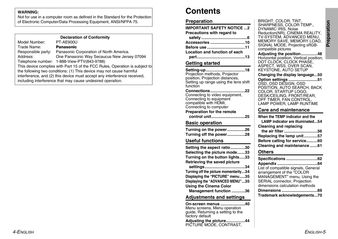 Panasonic PT-AE900U manual Contents 