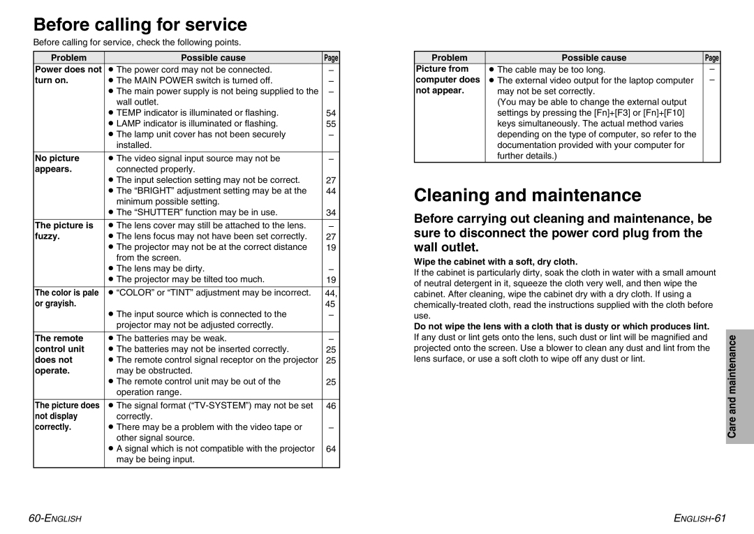 Panasonic PT-AE900U manual Before calling for service, Cleaning and maintenance 