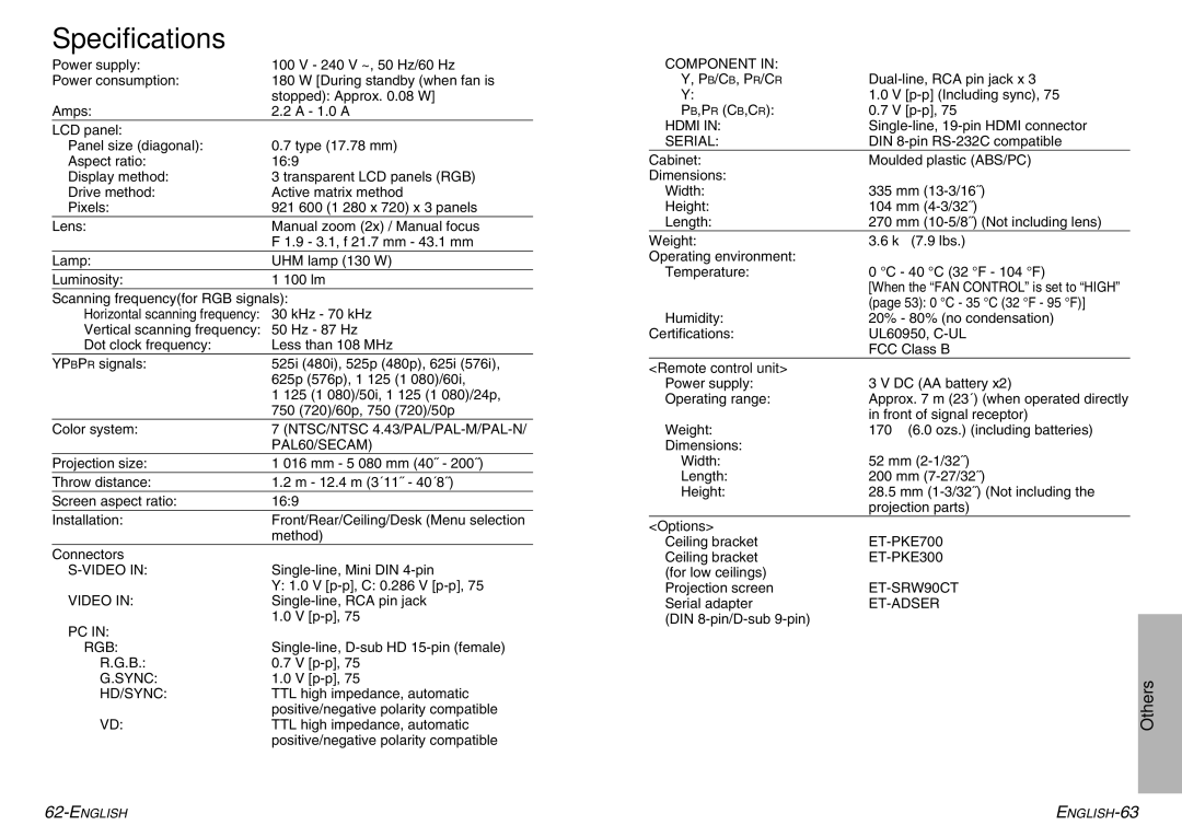 Panasonic PT-AE900U manual Specifications, Remote control unit, Options 