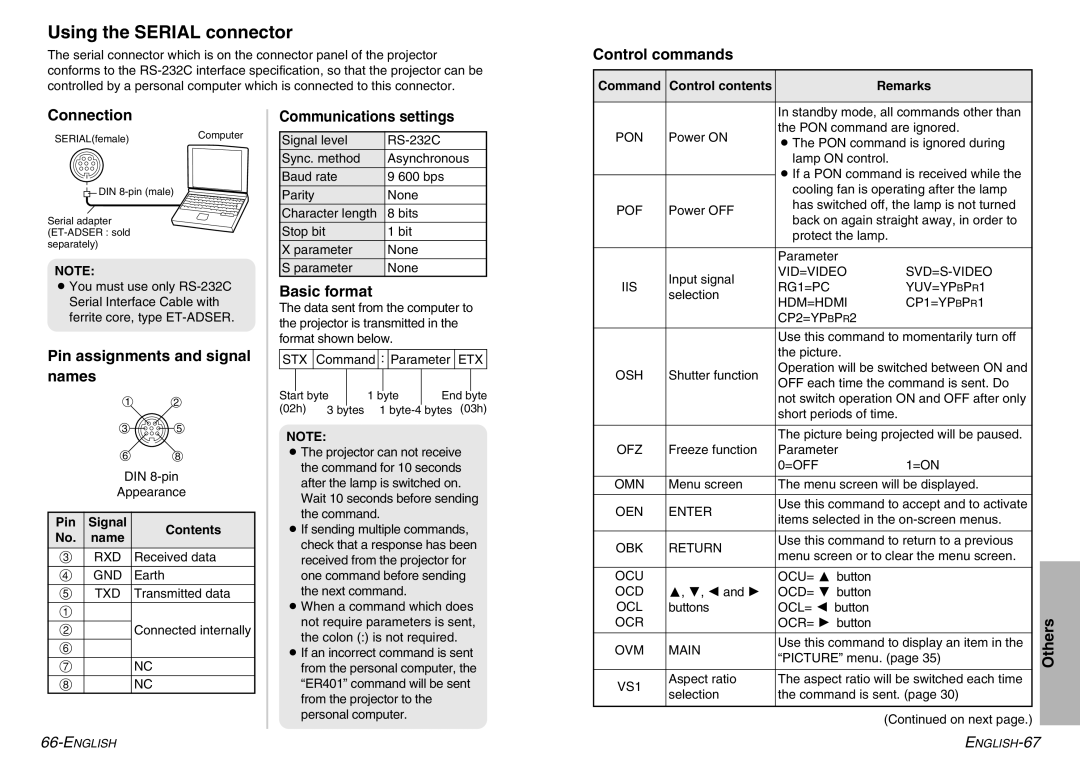 Panasonic PT-AE900U manual Using the Serial connector, Control commands, Connection, Pin assignments and signal names 