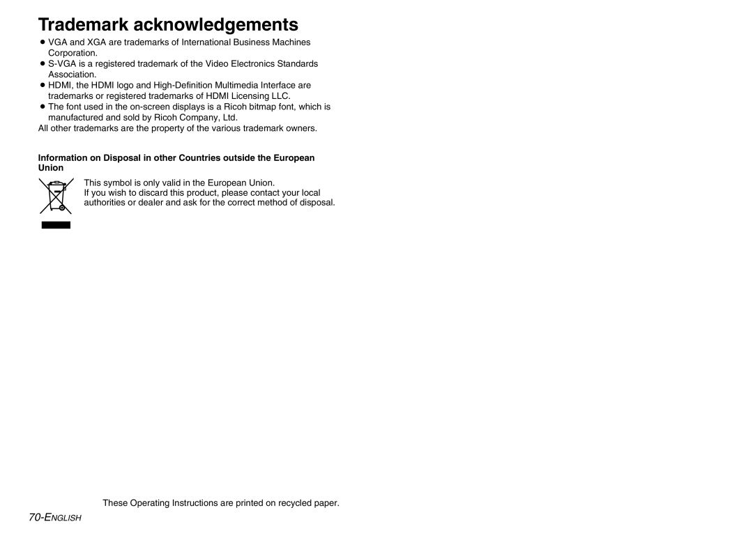 Panasonic PT-AE900U manual Trademark acknowledgements 