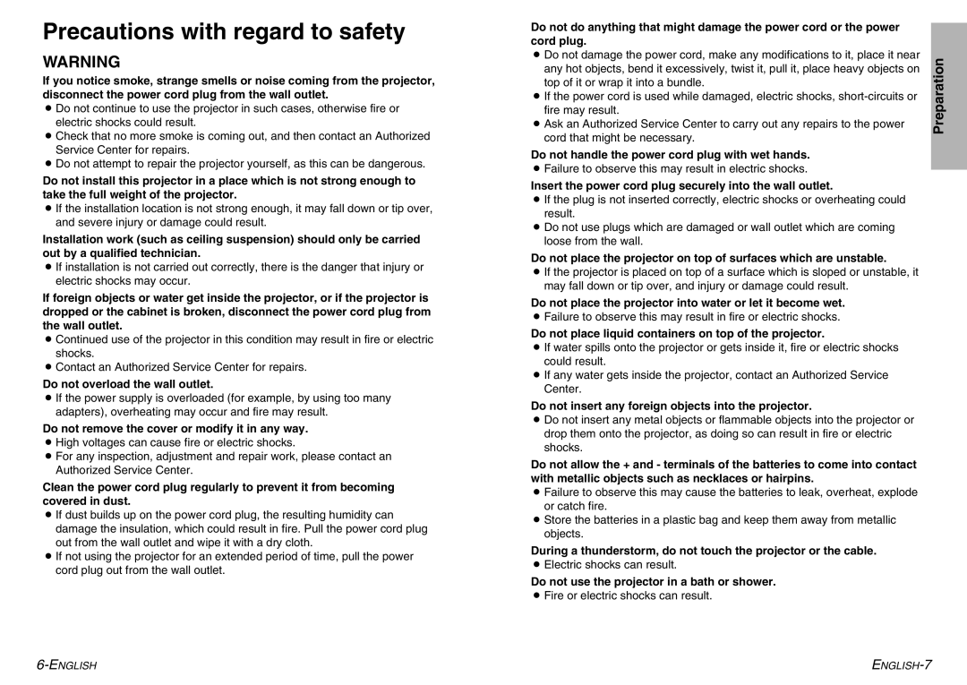 Panasonic PT-AE900U manual Precautions with regard to safety 