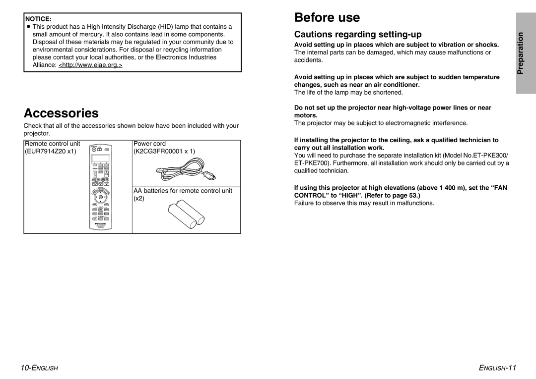 Panasonic PT-AE900U manual Accessories, Before use 