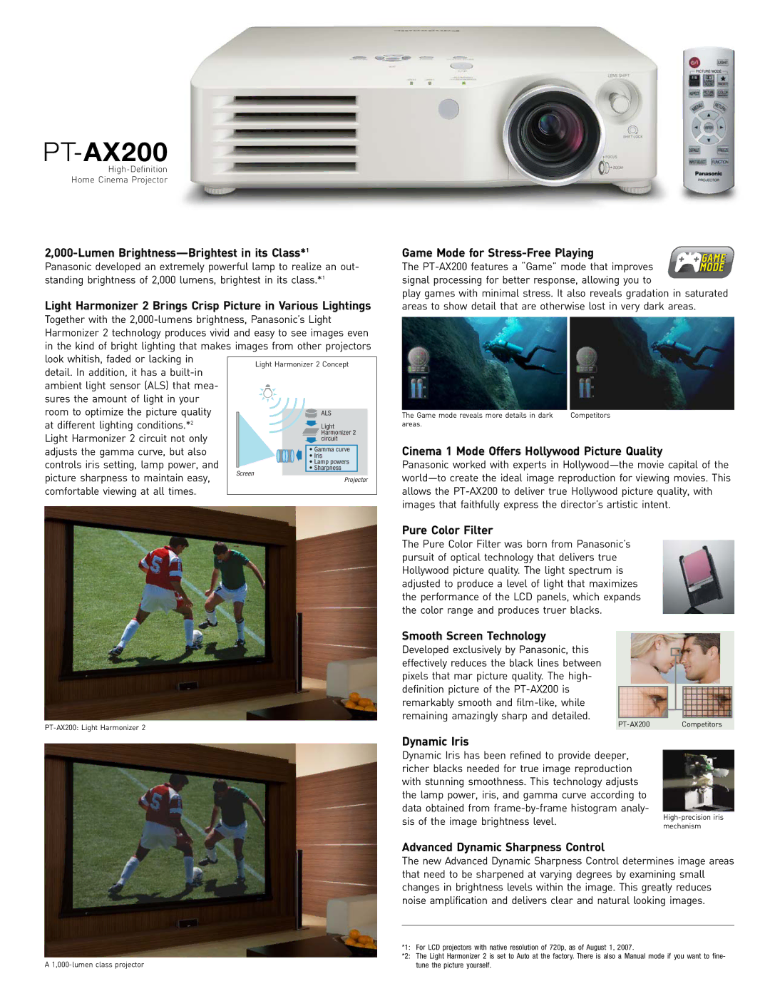 Panasonic PT-AX Lumen Brightness-Brightest in its Class*1, Cinema 1 Mode Offers Hollywood Picture Quality, Dynamic Iris 