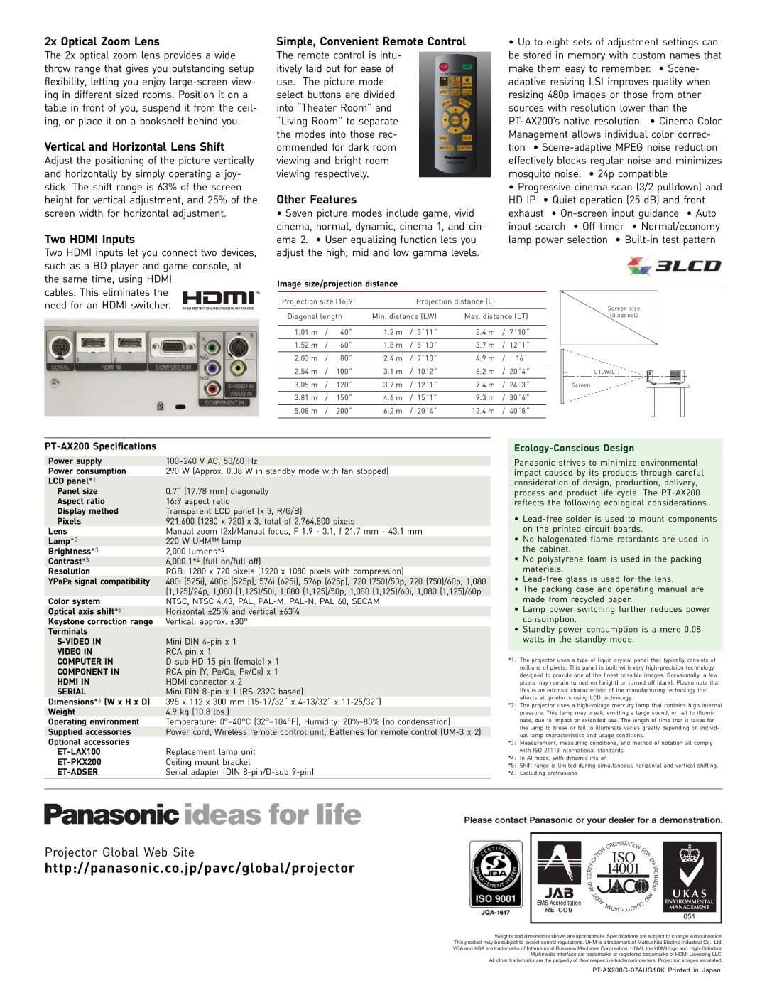 Panasonic PT-AX manual 2x Optical Zoom Lens, Vertical and Horizontal Lens Shift, Two Hdmi Inputs, Other Features 