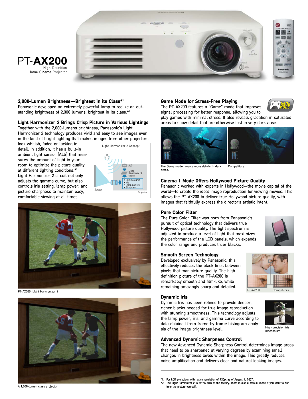 Panasonic 2,000-Lumen Brightness-Brightestin its Class*1, Cinema 1 Mode Offers Hollywood Picture Quality, PT-AX200 