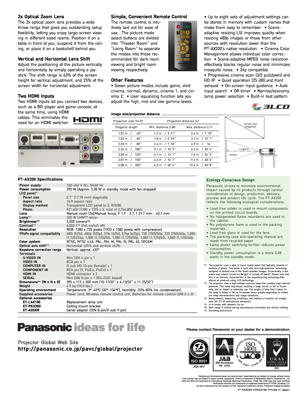 Panasonic PT-AX manual 2x Optical Zoom Lens, Vertical and Horizontal Lens Shift, Two HDMI Inputs, Other Features 