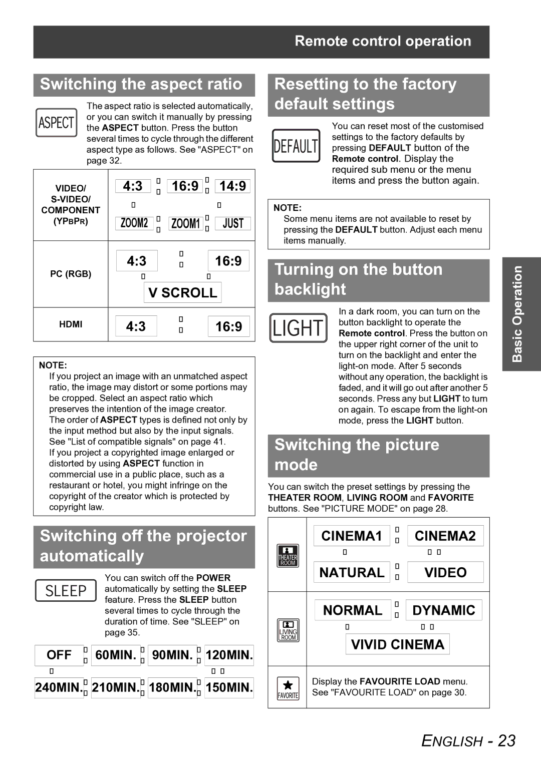 Panasonic PT-AX100E Switching the aspect ratio, Switching off the projector automatically, Turning on the button backlight 