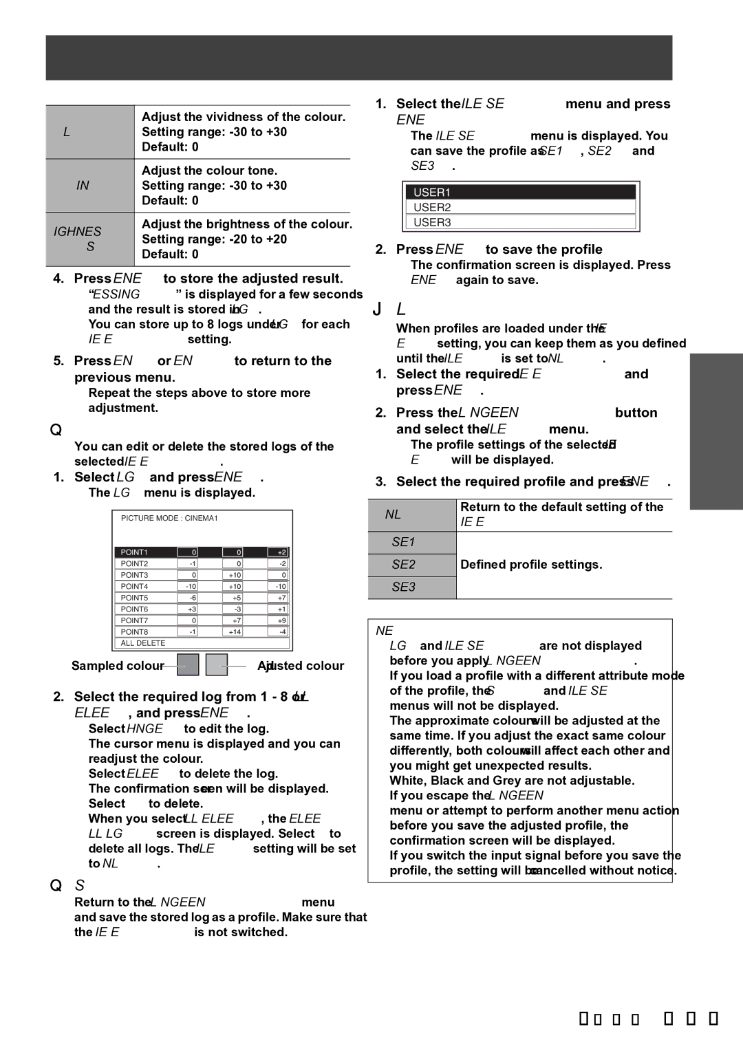 Panasonic PT-AX100E manual Loading saved profiles, Managing stored logs, Saving a log setting as a profile 