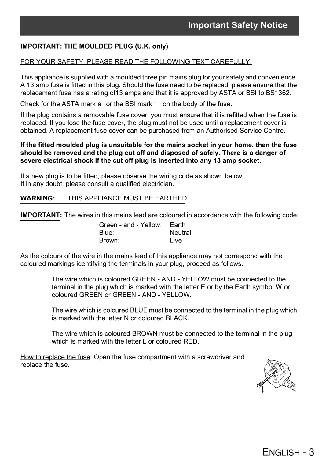 Panasonic PT-AX100E manual Important Safety Notice, Important the Moulded Plug U.K. only 