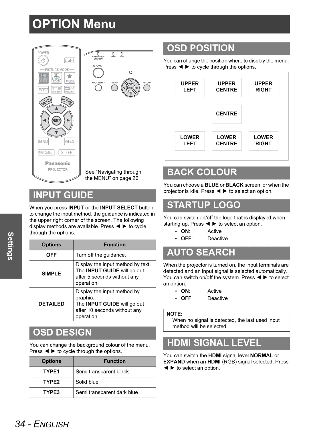 Panasonic PT-AX100E manual Option Menu 