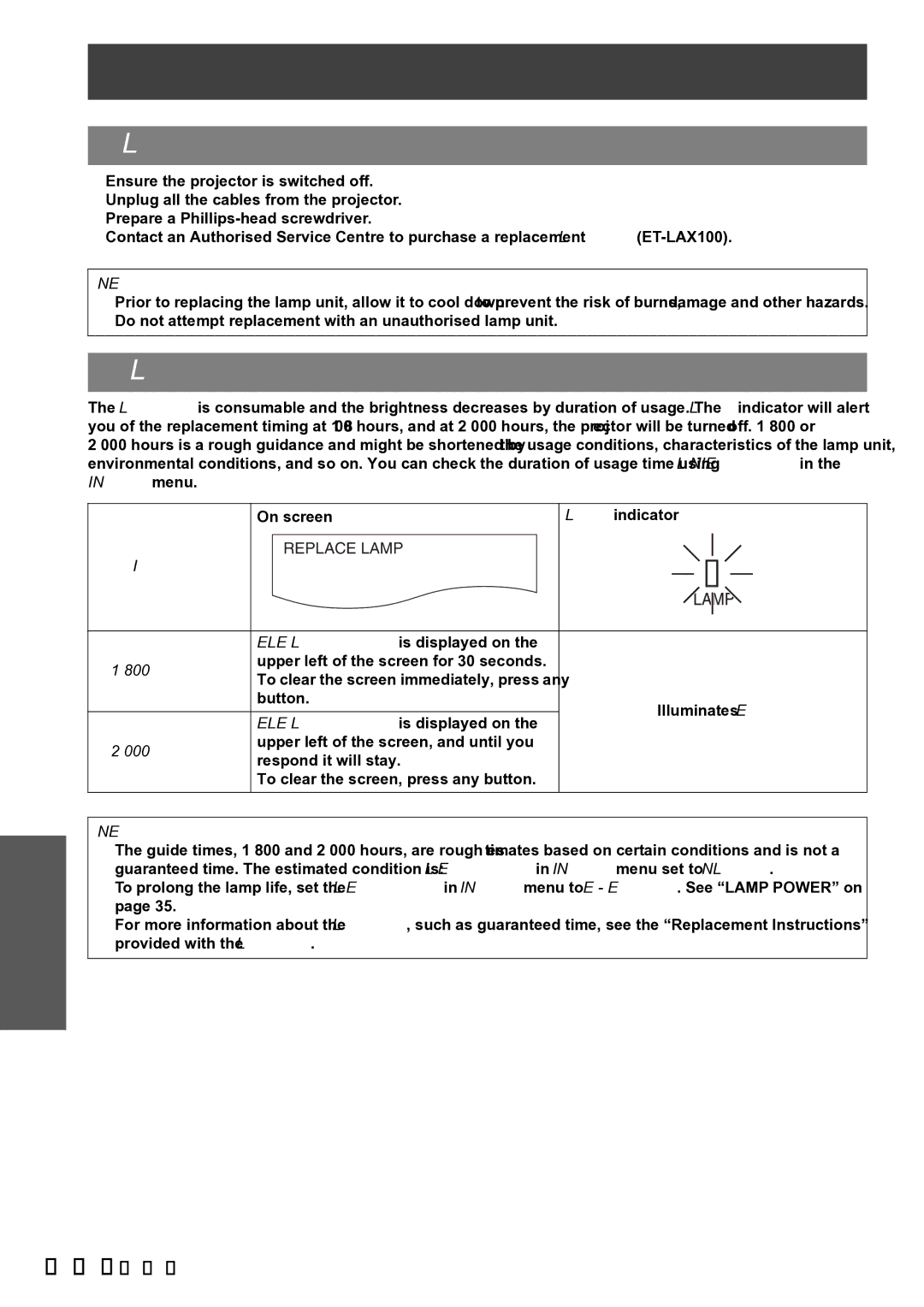 Panasonic PT-AX100E manual Before replacing the Lamp unit, When to replace the Lamp unit, Care and Replacement 