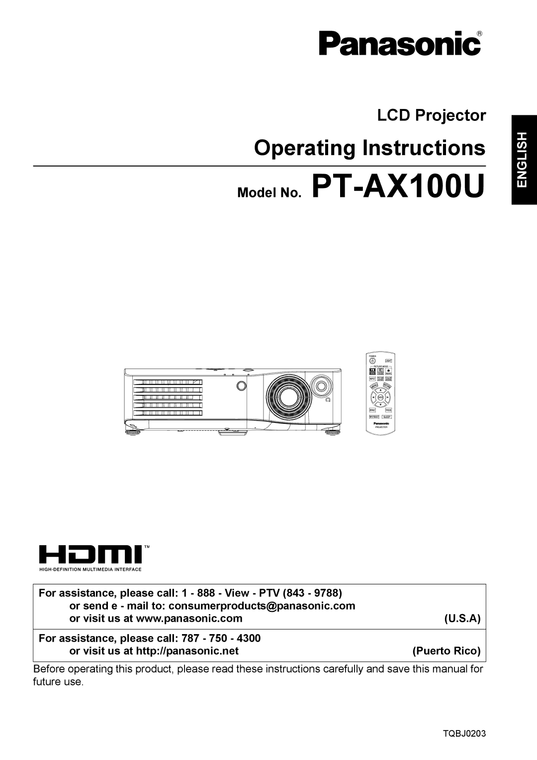 Panasonic PT-AX100U manual Operating Instructions 