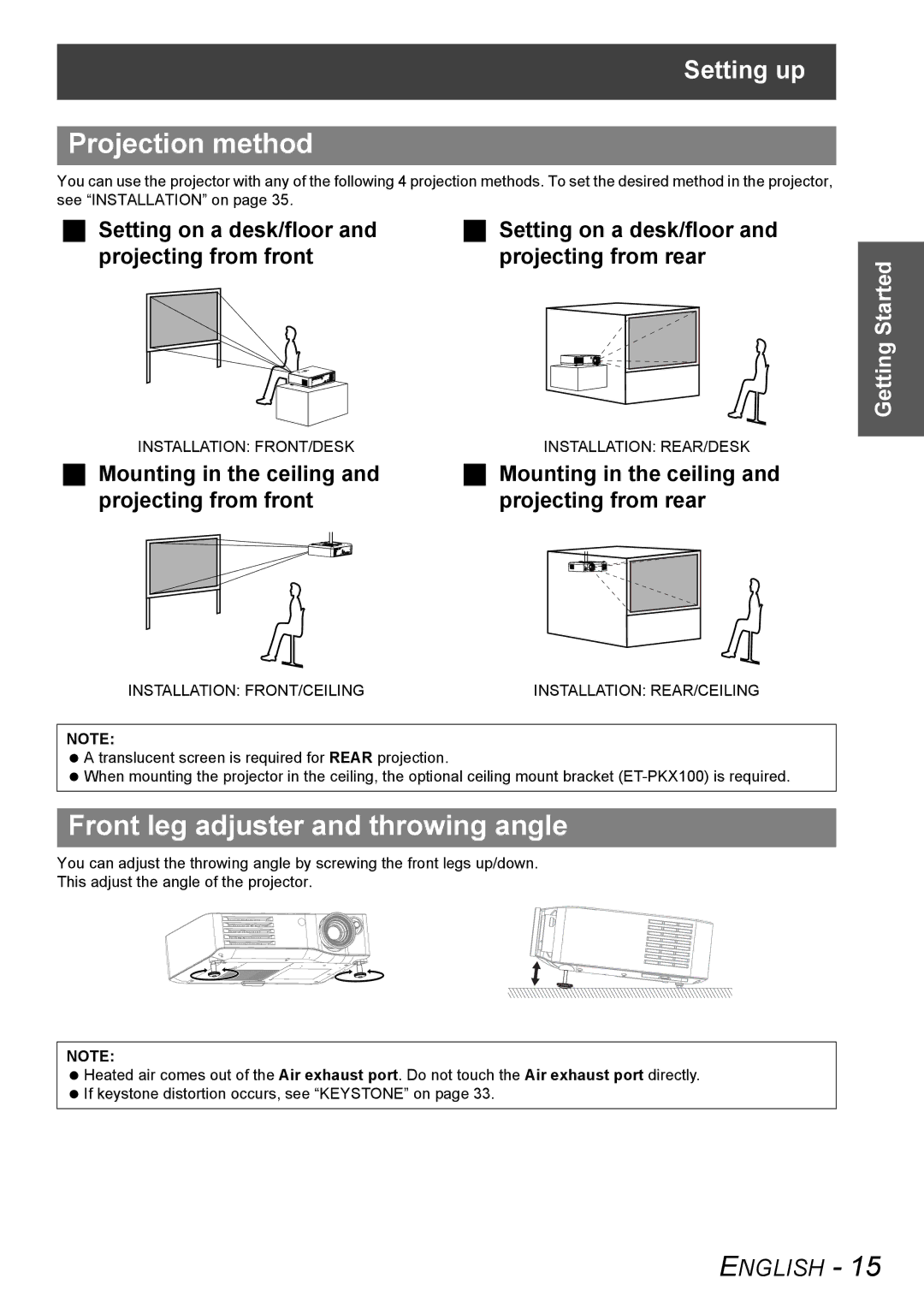 Panasonic PT-AX100U manual Projection method, Front leg adjuster and throwing angle, Setting up 