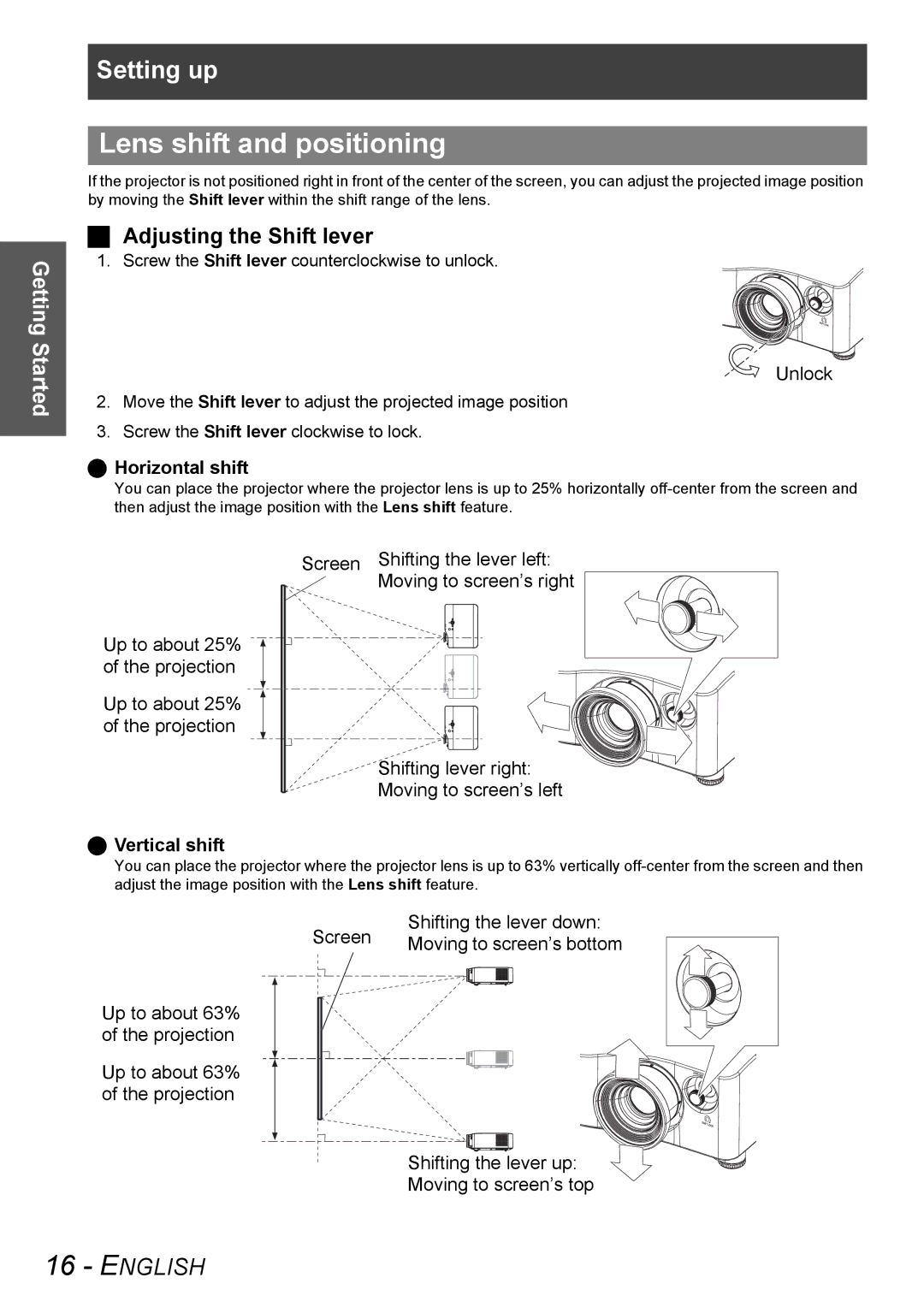 Panasonic PT-AX100U manual Lens shift and positioning, Adjusting the Shift lever, Horizontal shift, Vertical shift 