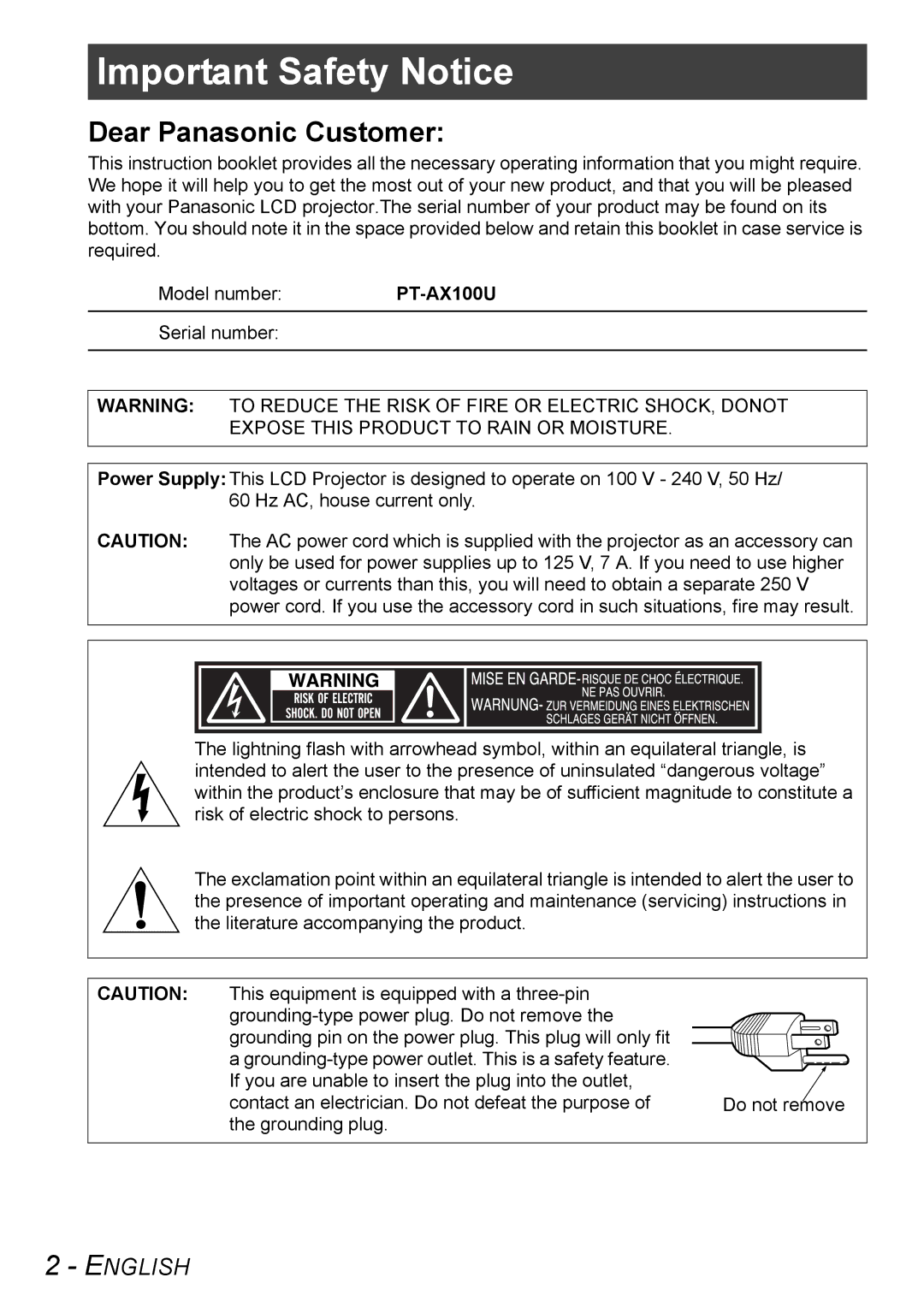 Panasonic PT-AX100U manual Important Safety Notice, Dear Panasonic Customer 