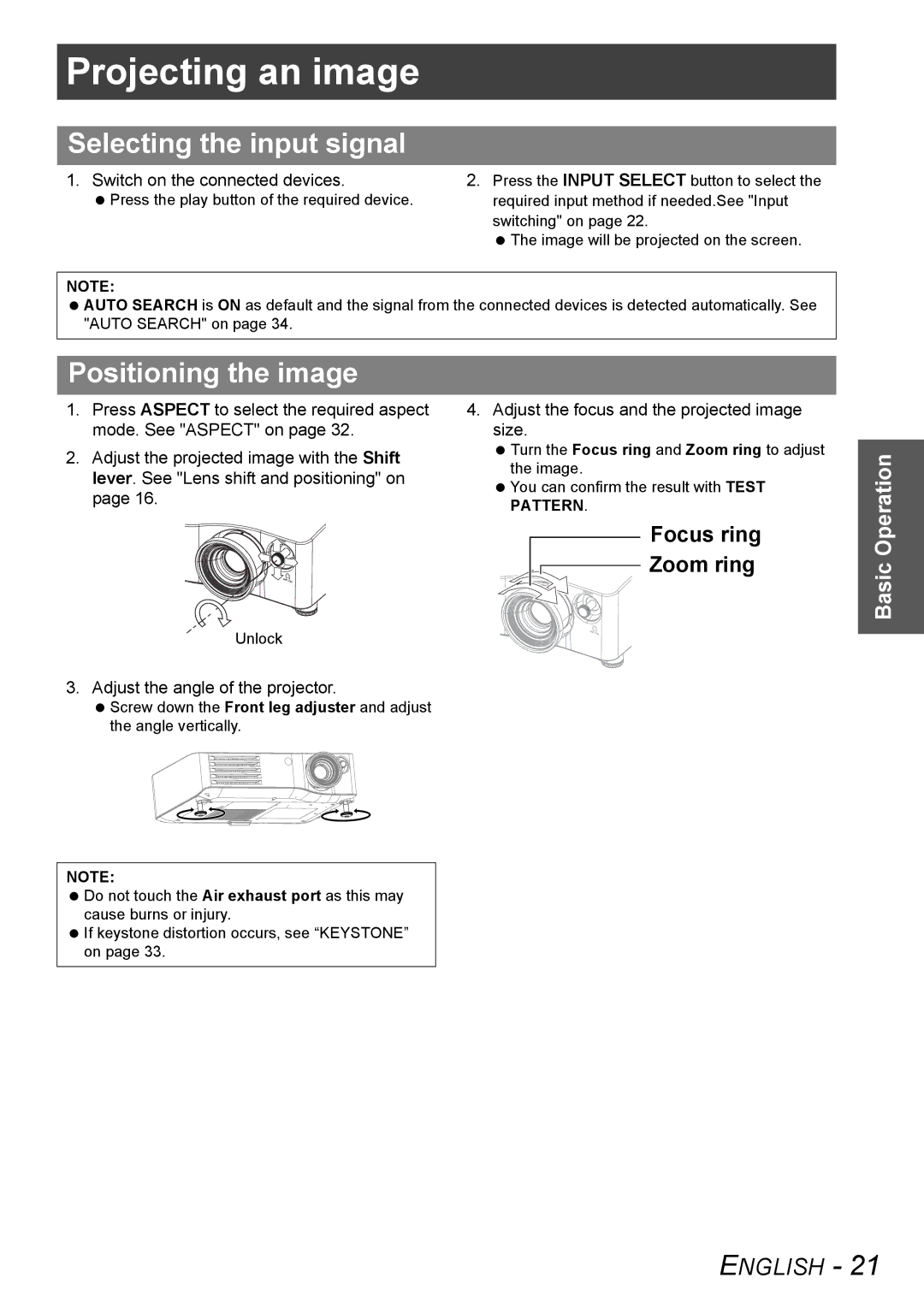 Panasonic PT-AX100U manual Projecting an image, Selecting the input signal, Positioning the image, Focus ring Zoom ring 