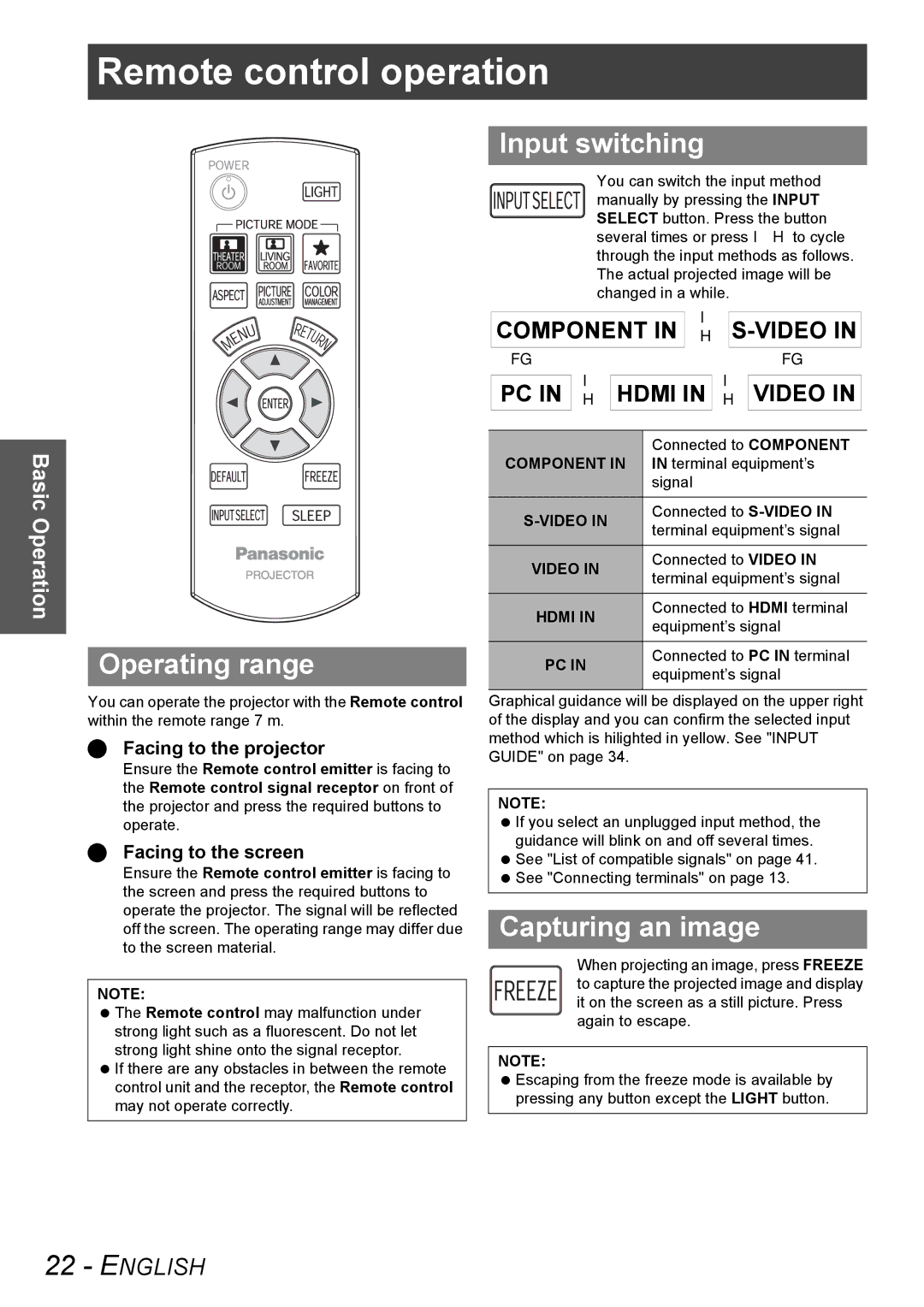 Panasonic PT-AX100U manual Remote control operation, Operating range, Input switching, Capturing an image 